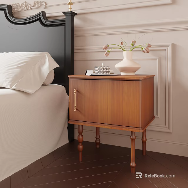 Brown Wooden Nightstand With Gold Handle Cabinet Door And White Vase With Flowers 3d model 