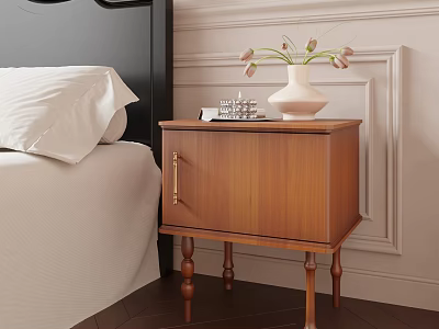 Brown Wooden Nightstand With Gold Handle Cabinet Door And White Vase With Flowers 3d model