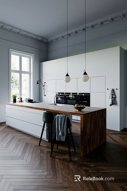 Modern Kitchen Interior Design With White Cabinets Wooden Island Countertop Black Chair And Pendant Lights 3d model 