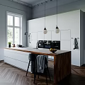 Modern Kitchen Interior Design With White Cabinets Wooden Island Countertop Black Chair And Pendant Lights