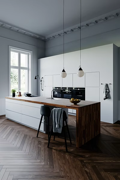 Modern Kitchen Interior Design With White Cabinets Wooden Island Countertop Black Chair And Pendant Lights 3d model