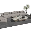 Modern Gray Sofa with Multiple Cushions and Round Coffee Tables with Metal Bases and Ottoman