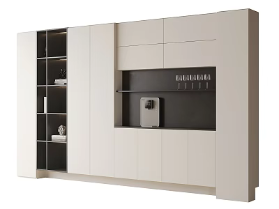 Modern Built in Wine Cabinet Design With White Cabinet Doors Black Interior And Display Shelves 3d model