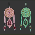 Golden Floral Design Earrings With Red Gemstone Teardrop Shape Gold Chains And Red Blue Beads