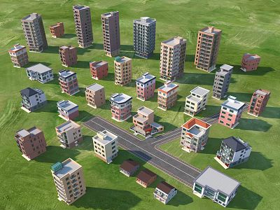 Various Styles And Colors Detached Villas Distributed On Green Grassland With Cross Roads 3d model
