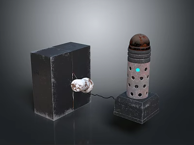 Futuristic Black Cube and Cylindrical Tower With Glowing Blue Light and Connecting Wire 3d model