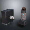 Futuristic Black Cube and Cylindrical Tower With Glowing Blue Light and Connecting Wire