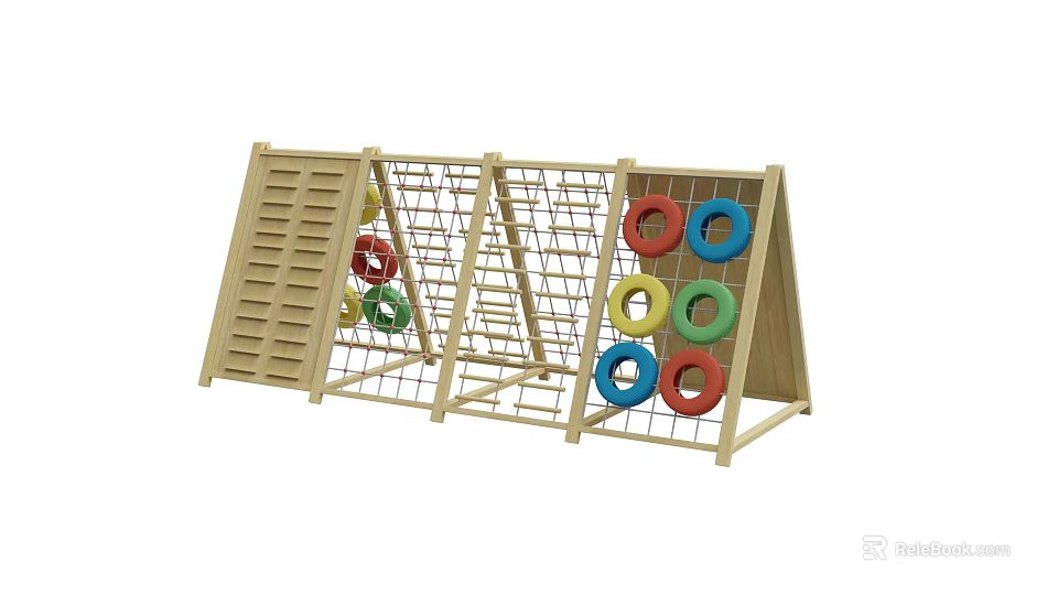 Wooden Playground Equipment With Climbing Net Colorful Rings And Slatted Panels 3d model 