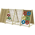 Wooden Playground Equipment With Climbing Net Colorful Rings And Slatted Panels