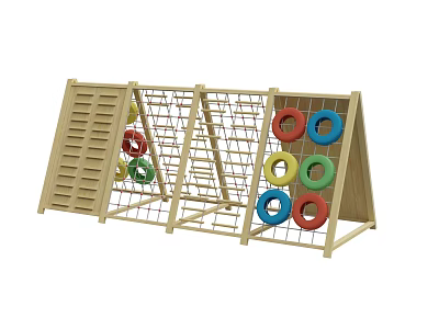 Wooden Playground Equipment With Climbing Net Colorful Rings And Slatted Panels 3d model
