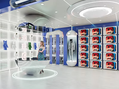 Modern Toy Store With Silver Mannequin Colorful Toys And Red Box Displays 3d model