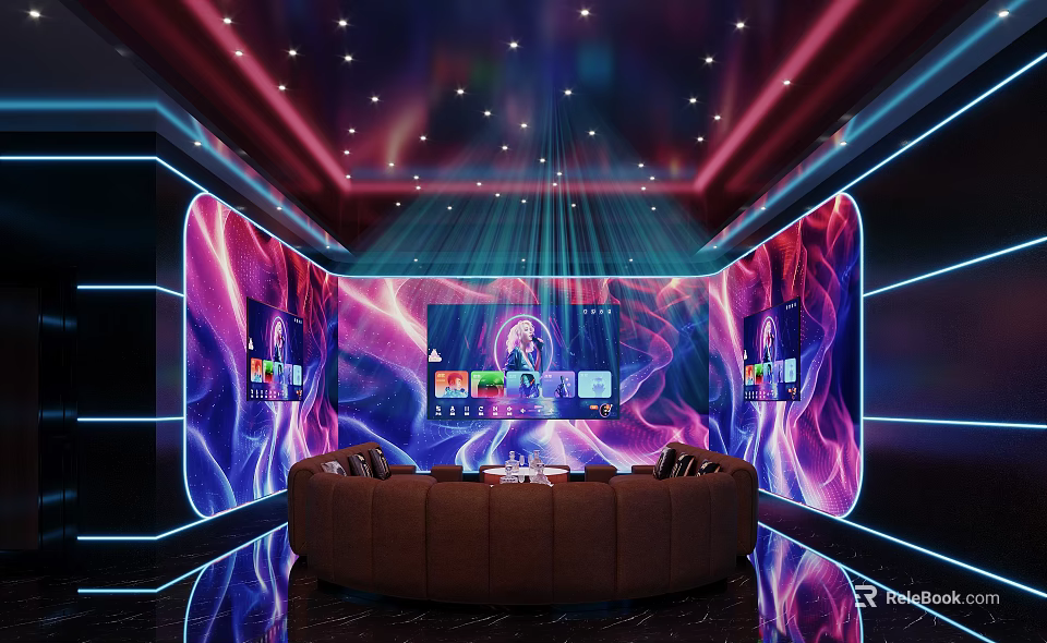 Modern Home Theater Interior With Curved Sofa Multiple Screens And Ceiling Lights 3d model 