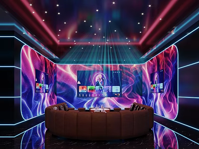Modern Home Theater Interior With Curved Sofa Multiple Screens And Ceiling Lights 3d model