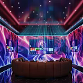 Modern Home Theater Interior With Curved Sofa Multiple Screens And Ceiling Lights