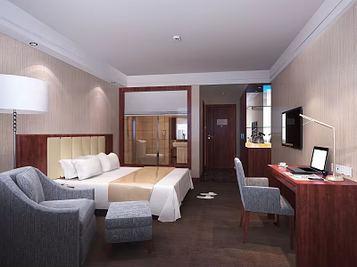 Cozy Hotel Guest Room With Comfortable Bed Gray Sofa Ottoman Desk Laptop And Wall TV 3d model
