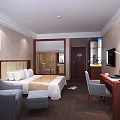 Cozy Hotel Guest Room With Comfortable Bed Gray Sofa Ottoman Desk Laptop And Wall TV