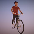 A Man Riding Bicycle Wearing Red T-shirt And Dark Pants Against Blue Pink Gradient Sky