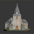 Miniature Church Building Model with Steeple Red Gray Roofs Stone Walls and Grass Base