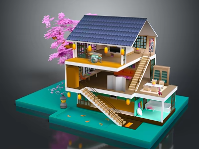 Cartoon Multi Level House With Blue Roof Pink Cherry Blossom Tree And Staircase 3d model