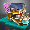 Cartoon Multi Level House With Blue Roof Pink Cherry Blossom Tree And Staircase