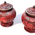 Pair of Red Traditional Ceramic Vessels with Intricately Carved Patterns and Ornate Lids