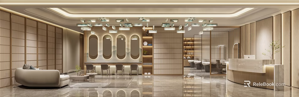 Modern Hair Beauty Salon Interior With Styling Mirrors Chairs And Ceiling Lighting 3d model 