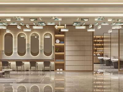Modern Hair Beauty Salon Interior With Styling Mirrors Chairs And Ceiling Lighting 3d model