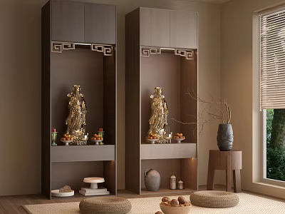 Buddhist Shrine Cabinets Modern Home Decor With Golden Buddha Statues Offerings And Vase Near Window Blinds 3d model