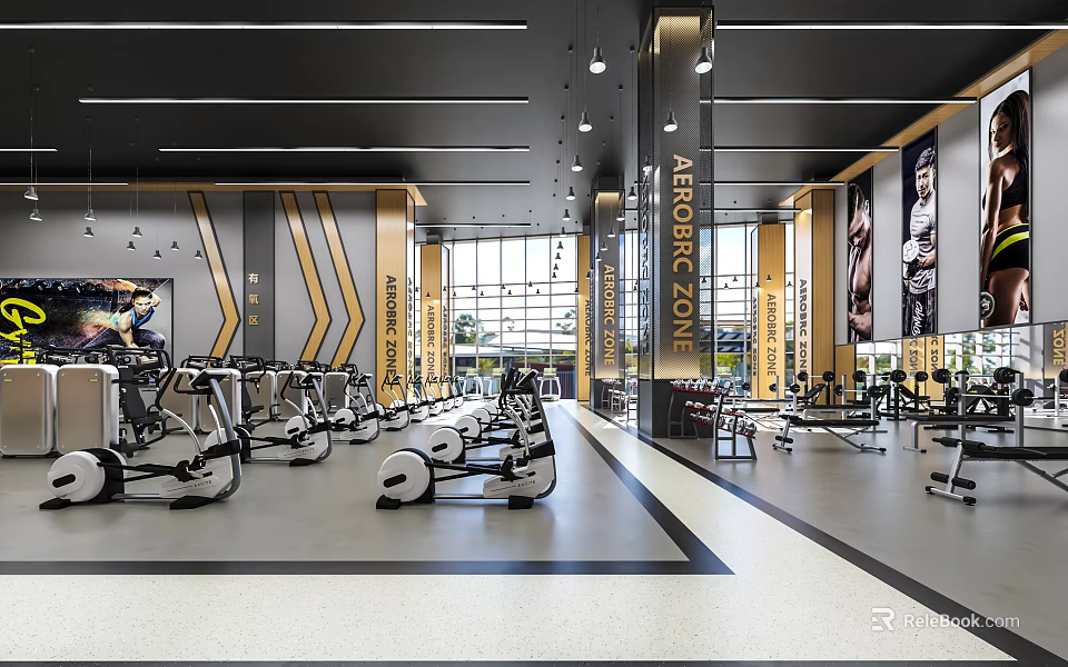 Modern Gym Interior With Various Fitness Equipment 3d model 