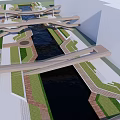 Modern Landscape Bridge With Wooden Beams Over Water And Greenery On Both Sides