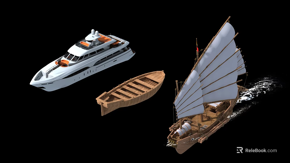Various Types of Boats Including Modern Yacht Wooden Dinghy and Traditional Sailboat 3d model 