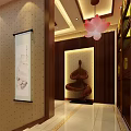 Traditional Chinese Clubhouse With Lotus Decor Wooden Walls Warm Lighting Murals And Reception Desk