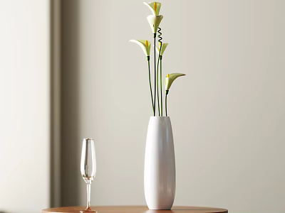 White Vase with White Calla Lilies Next to Wine Glass on Wooden Table Home Decor 3d model