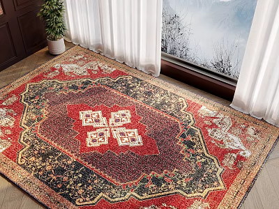 Traditional Square Rug With Intricate Patterns In Room With Curtains And Plant 3d model