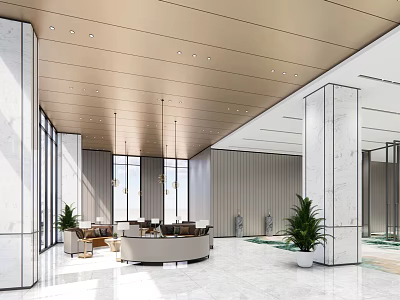 Elegant Modern Hotel Lobby With High Ceiling Marble Floor Pendant Lights And Green Plants 3d model