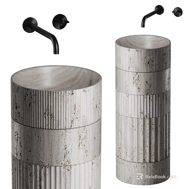 Cylindrical Stone Washbasin With Textured Ribbed Surface And Black Faucet Design 3d model 