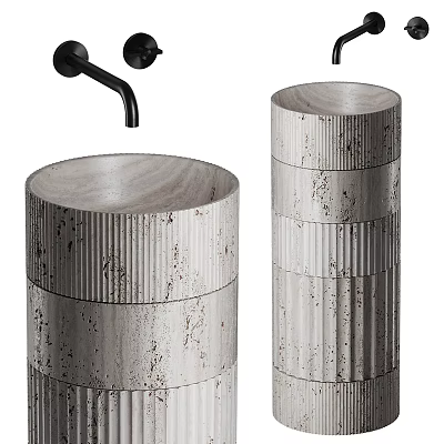 Cylindrical Stone Washbasin With Textured Ribbed Surface And Black Faucet Design 3d model