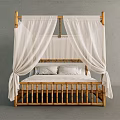 Four Poster Double Bed With Wooden Frame And White Canopy Curtains