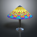 Artistic Stained Glass Lamp Combination With Colorful Patterns And Metal Base