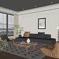 Elegant Modern Living Room With Black Leather Sofa Brown Armchair Coffee Table And Checkered Rug