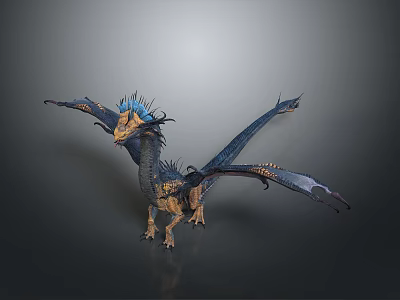 3D Rendered Mythical Dragon Creature With Spread Wings Blue Head And Spiked Back 3d model