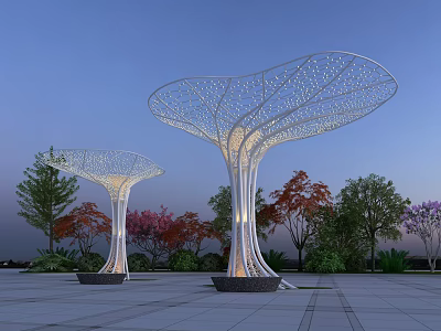 Illuminated Mushroom Shaped Pergolas With Hollowed Out Design Among Trees In Evening Square 3d model