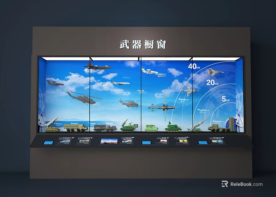 Weapon Showcase Displaying Military Aircraft Tanks And Equipment With Data Visualization 3d model