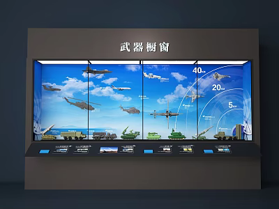 Weapon Showcase Displaying Military Aircraft Tanks And Equipment With Data Visualization 3d model