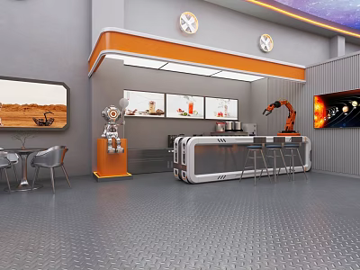 Futuristic Bubble Tea Shop Interior With Robot Bartender Digital Screens And Orange Bar Counter 3d model