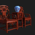Traditional Chinese Redwood Carved Furniture Set With Chairs Side Table And Blue White Vase