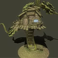 Rustic Wooden Treehouse With Small Window Leafy Branches And Wooden Platform 3d model