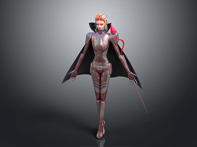 Game Movie Character With Red Hair Black Cape Futuristic Fitted Battle Suit Holding Sword 3d model
