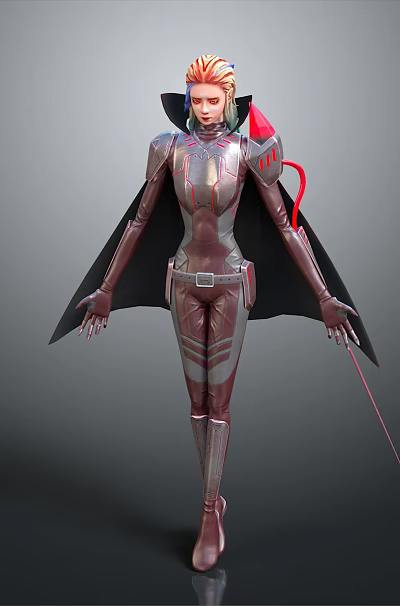 Game Movie Character With Red Hair Black Cape Futuristic Fitted Battle Suit Holding Sword 3d model