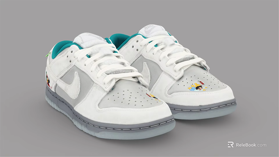 Stylish White Casual Sneakers With Teal Tongue Gray Swoosh Colorful Graphics And Translucent Sole 3d model 